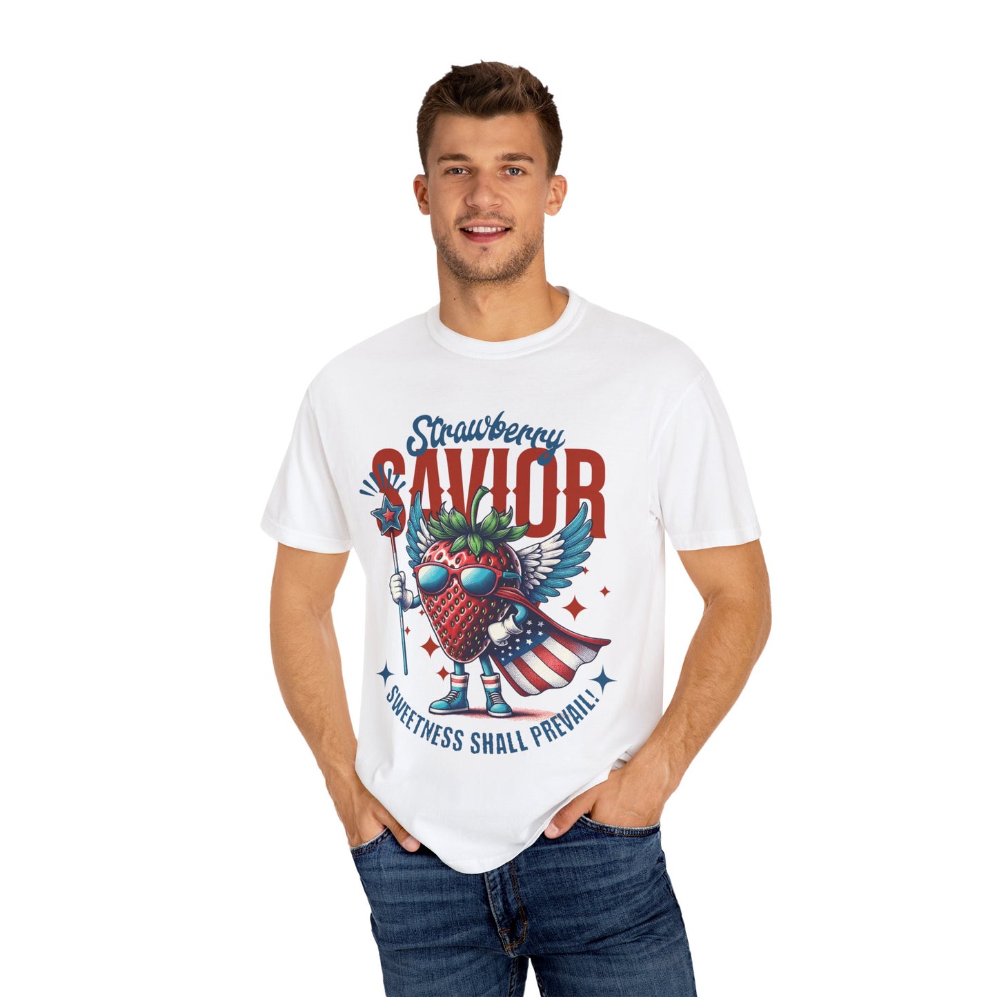 Garment-Dyed T-shirt - Patriotic Strawberry Savior Design