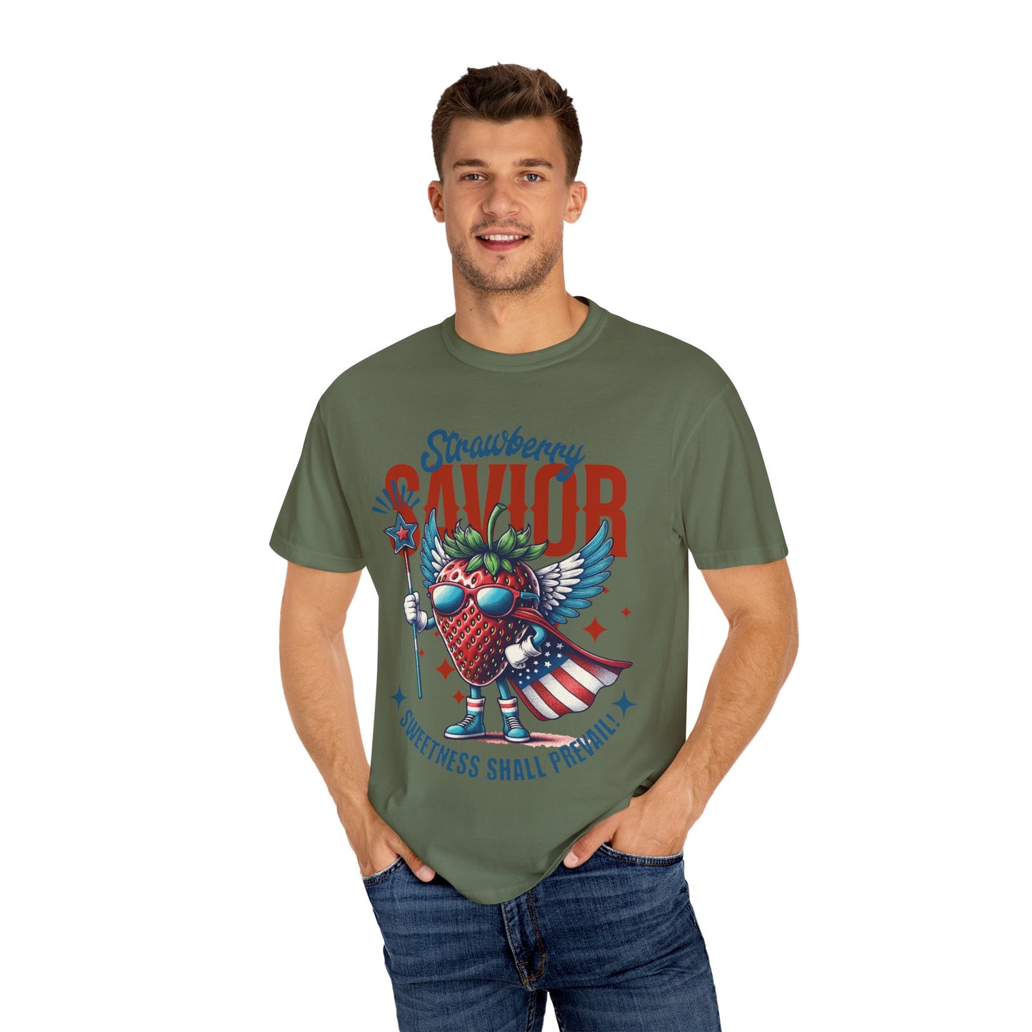 Garment-Dyed T-shirt - Patriotic Strawberry Savior Design